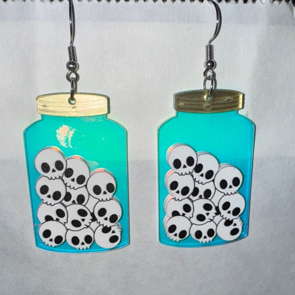 5/$25 Skull Jar Halloween Earrings with Yellow and Orange Iridescent Accents